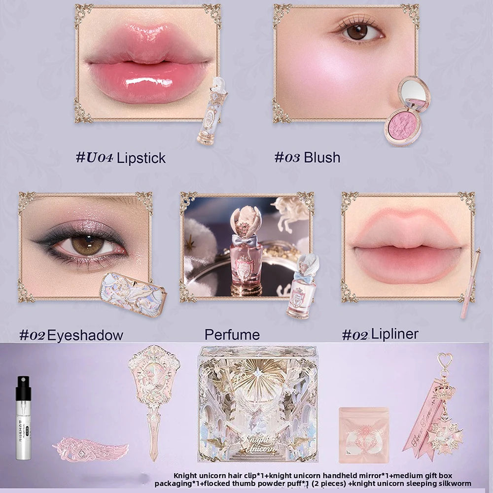 Flower Knows Knight Unicorn Collection Makeup Gift Set Perfumes Lipstick Blush Cloud Setting Powder Eye Shadow Cosmetics Kit