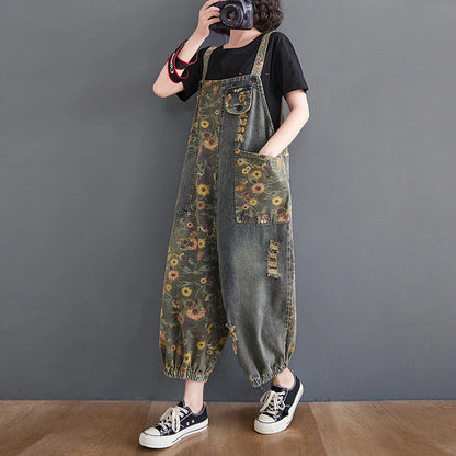 Casual Print Floral Plus Size Denim Jumpsuits Women Loose Wide Leg Straps Baggy Pants Woman Dungarees Streetwear Jeans Overalls