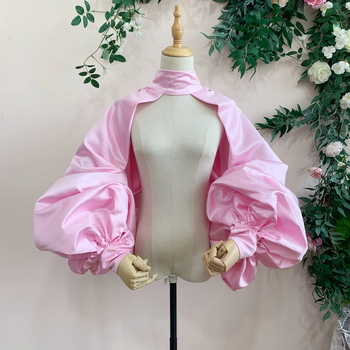 Puffy Sleeves Satin Bolero Topper Blouse Cover Arms Fashion Green Jacket Cloak Short Shawl High Neck With Buttons Customize