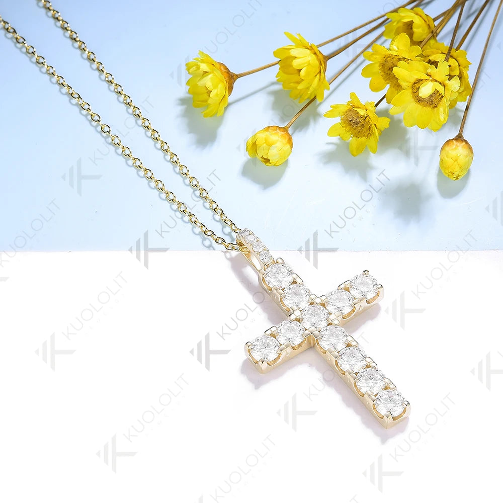 Kuololit 3.36ctw Cross Chain Moissanite Pendants for Women Solid 925 10K Sterling Silver Handset Luxury Necklace for Engagement