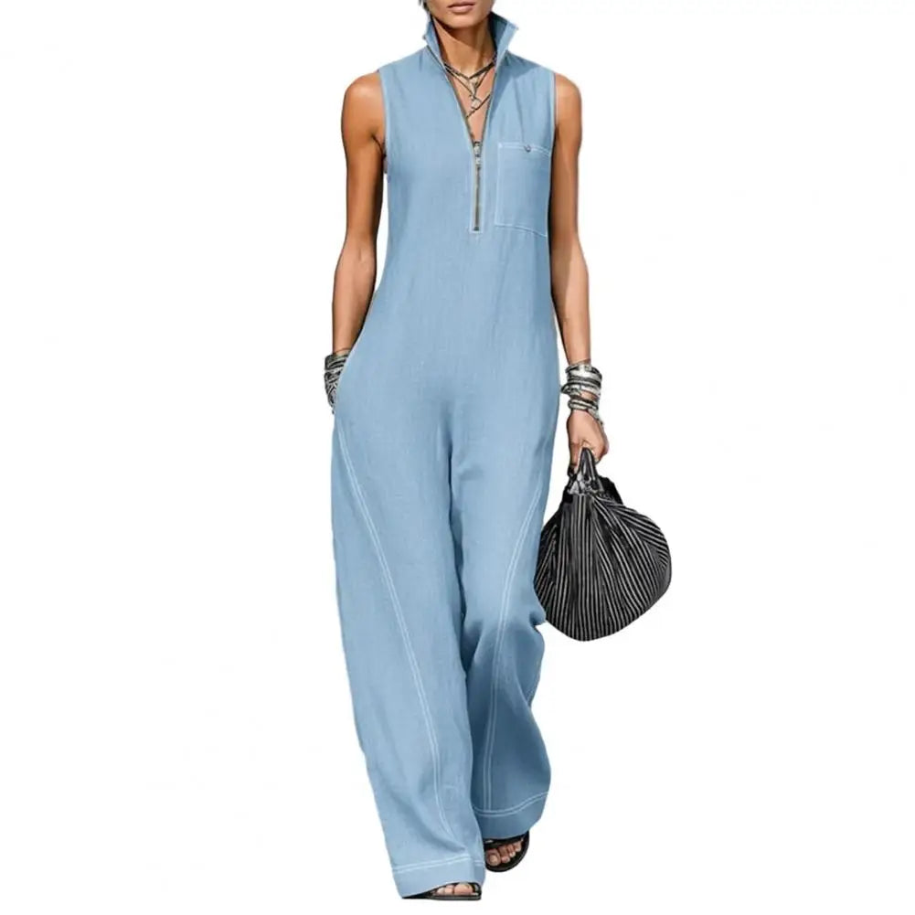 Solid Color Women Sleeveless Jumpsuit Casual Long Pants Rompers with Pockets Summer Zip Up Stand Collar One Piece Overalls