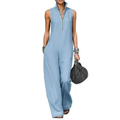 Solid Color Women Sleeveless Jumpsuit Casual Long Pants Rompers with Pockets Summer Zip Up Stand Collar One Piece Overalls