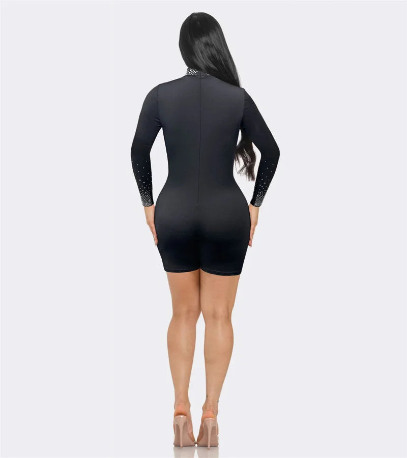 Sheer Mesh Patchwork Rhinestone Rompers for Women Jumpsuit Shorts Skinny Elastic Long Sleeve Playsuit Club Party Birthday Outfit