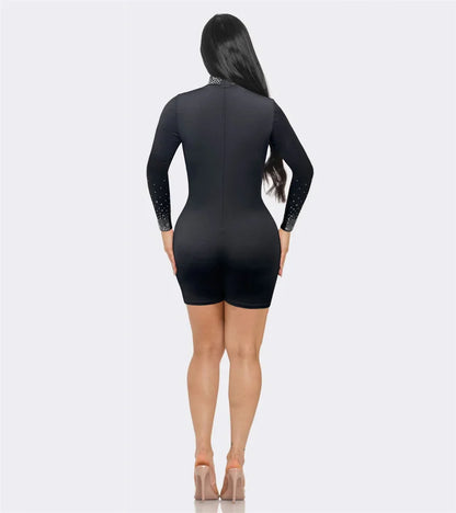 Sheer Mesh Patchwork Rhinestone Rompers for Women Jumpsuit Shorts Skinny Elastic Long Sleeve Playsuit Club Party Birthday Outfit