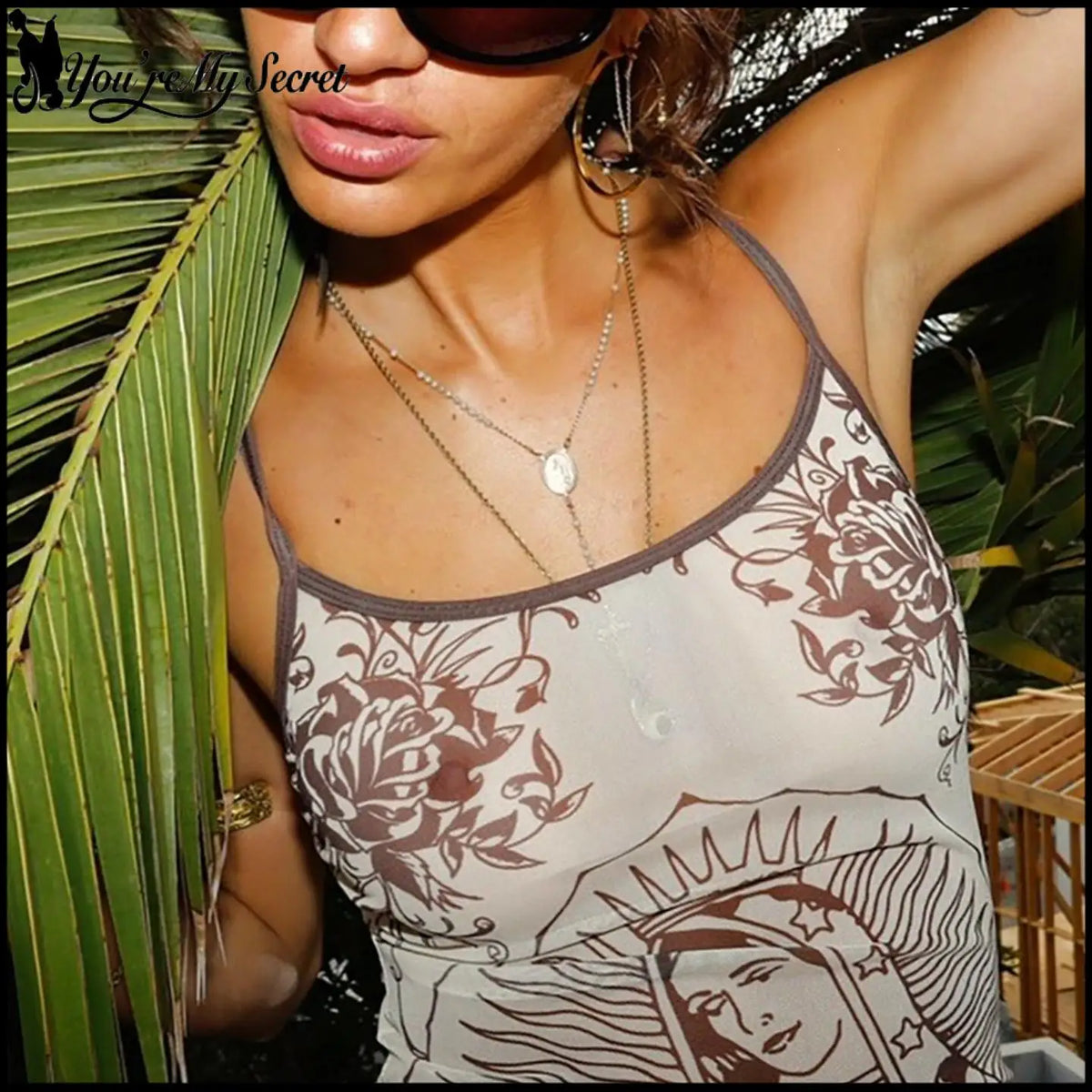 [You're My Secret] Y2K Virgin Mary Print Bodycon Mini Dress Our Lady of Guadalupe Floral Cami Slip Dress Gothic Club Outfits
