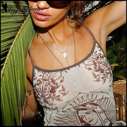 [You're My Secret] Y2K Virgin Mary Print Bodycon Mini Dress Our Lady of Guadalupe Floral Cami Slip Dress Gothic Club Outfits