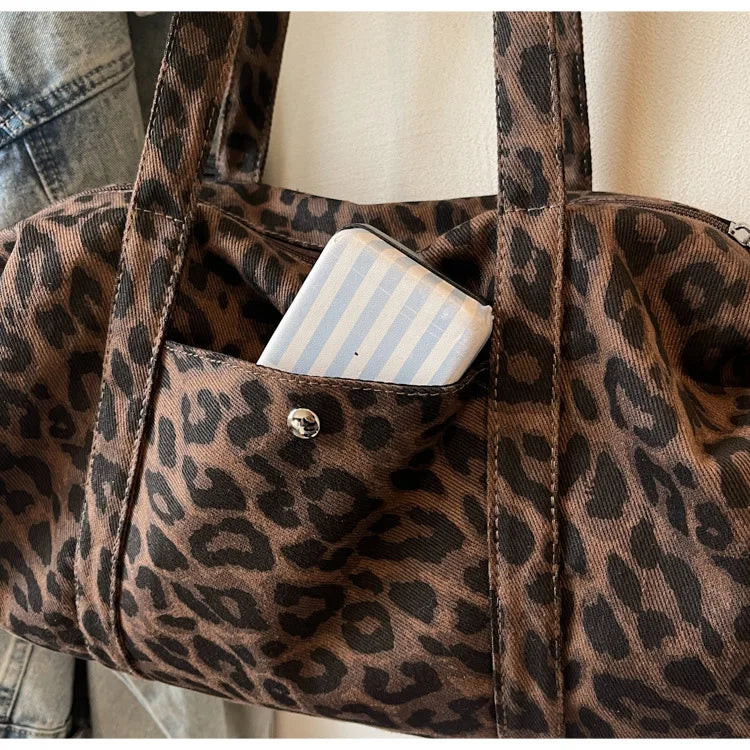 Trendy Leopard Print Canvas Shoulder Bag Large Capacity Fashion Tote Handle Bag for Daily Commute Versatile Texture Storage Bags