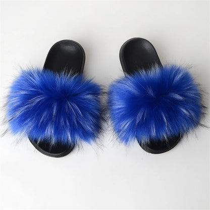 Women's Summer Faux Fur Fox Fur Slippers Fashion Luxury Indoor and Outdoor Non-Slip Solid Color Flat Bottom Furry Sandals