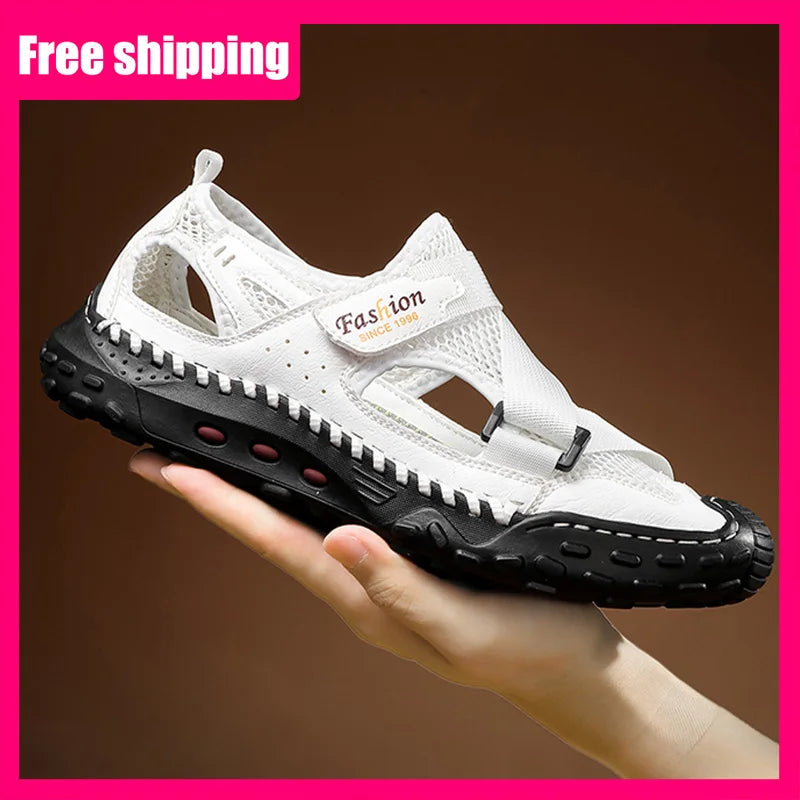 Men Sandals Comfortable Refreshing Mesh Hollow Beach Shoes Summer New Anti Slip Thick Bottom Bag Toe Casual Sandals for Teen