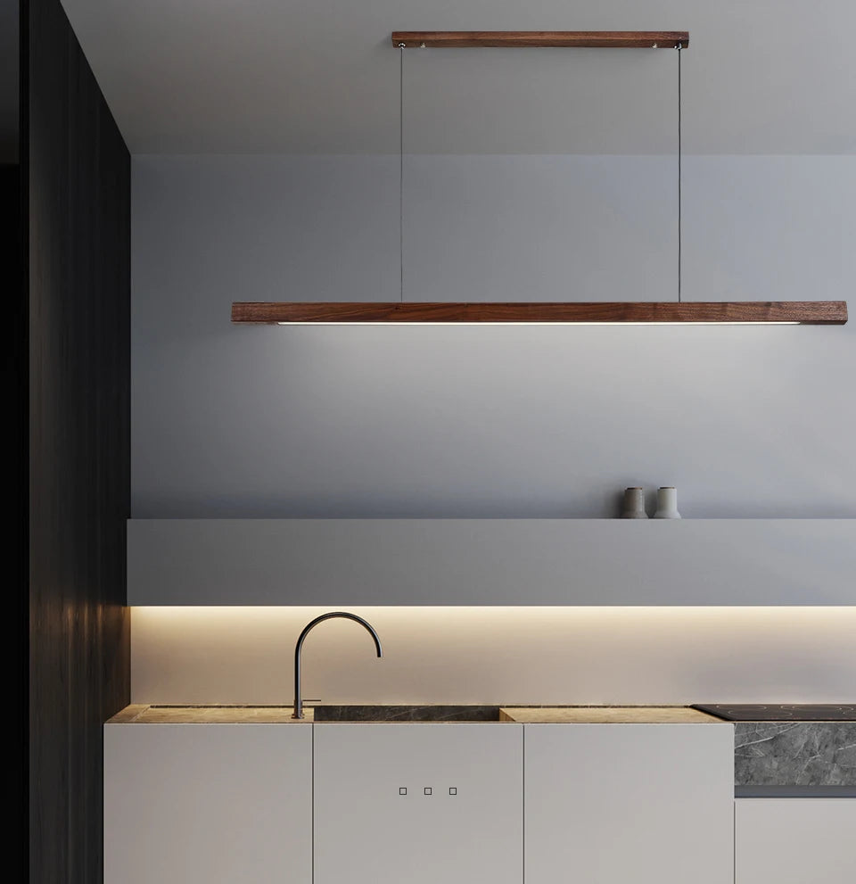 Nordic Wood Pendant Lights LED Modern Hanging Lamps for Dining Living Room Kitchen Office Shop Long Strip Celling Lamp