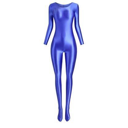 MJINM Women Smooth Overalls Long Sleeve Tights Round Neck Full Length Stretch Zentai Bodysuits Yoga Fitness One Piece Jumpsuits