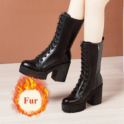 10cm Small Size 32-43 Fall Winter Genuine Leather Boots Platform Shoes 2026 Womens Block High Heels Mid Leg Boots Office Model