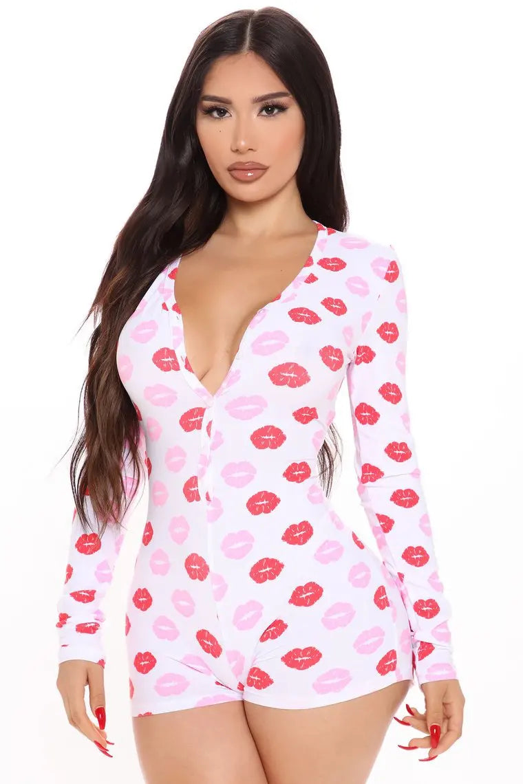 Women's Pajama High Waist Playsuit Christmas Pattern Printing Romper Long Sleeve V Neck Short Pants Home Wear Clothes