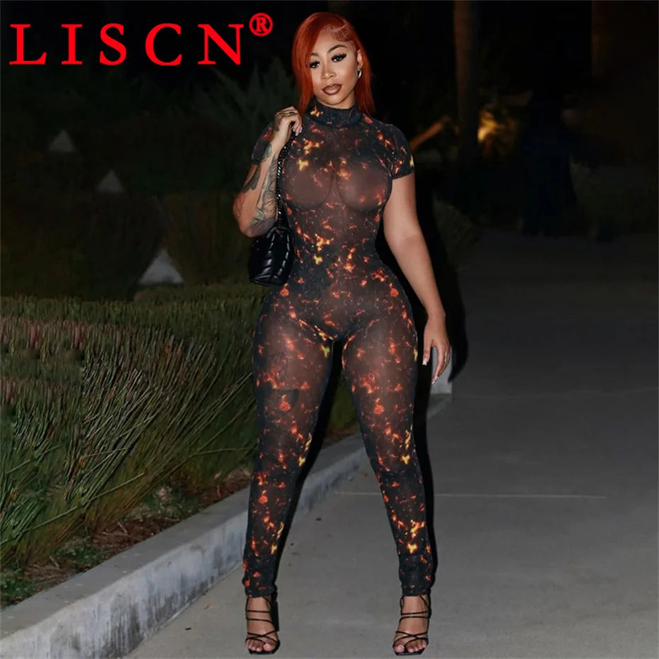 10 Wholesale Items Jumpsuits Women Summer 2025 Short Sleeve Bodycon Sexy Y2k Printing Mesh See Through Backless Rompers K15151