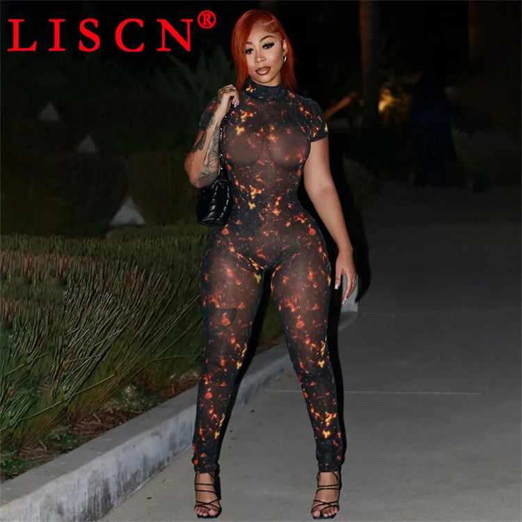 10 Wholesale Items Jumpsuits Women Summer 2025 Short Sleeve Bodycon Sexy Y2k Printing Mesh See Through Backless Rompers K15151