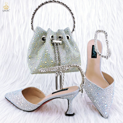 QSGFC Nigerian Popular Pointed Shoes And Bag Handle Soft Small Bag Anklet Design Mid-Heel Women's Shoes