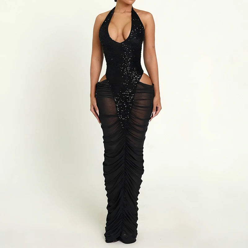 Fashionable summer backless women's long skirt sexy micro perspective sequin dress club party slim fit irregular beach skirt