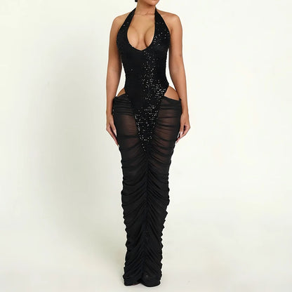 Fashionable summer backless women's long skirt sexy micro perspective sequin dress club party slim fit irregular beach skirt