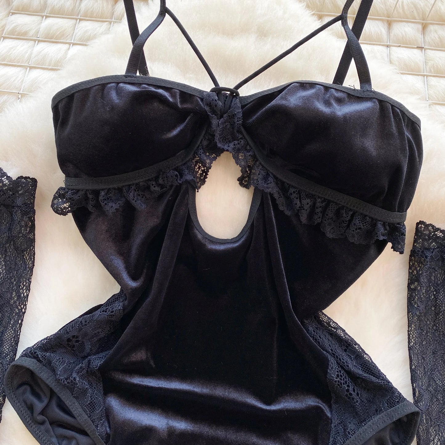 Women Lace Patchwork Velour Strappy Catsuits Fashion One Piece Combination Rompers Erotic Fashion Sexy Bunny Bodysuits Cosplay