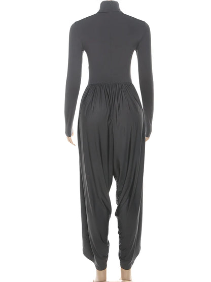 Whatiwear Casual Fashion Jumpsuits Woman Autumn Trend Turtleneck Full Sleeve Ruched Design Daily Simple Office Style Overalls