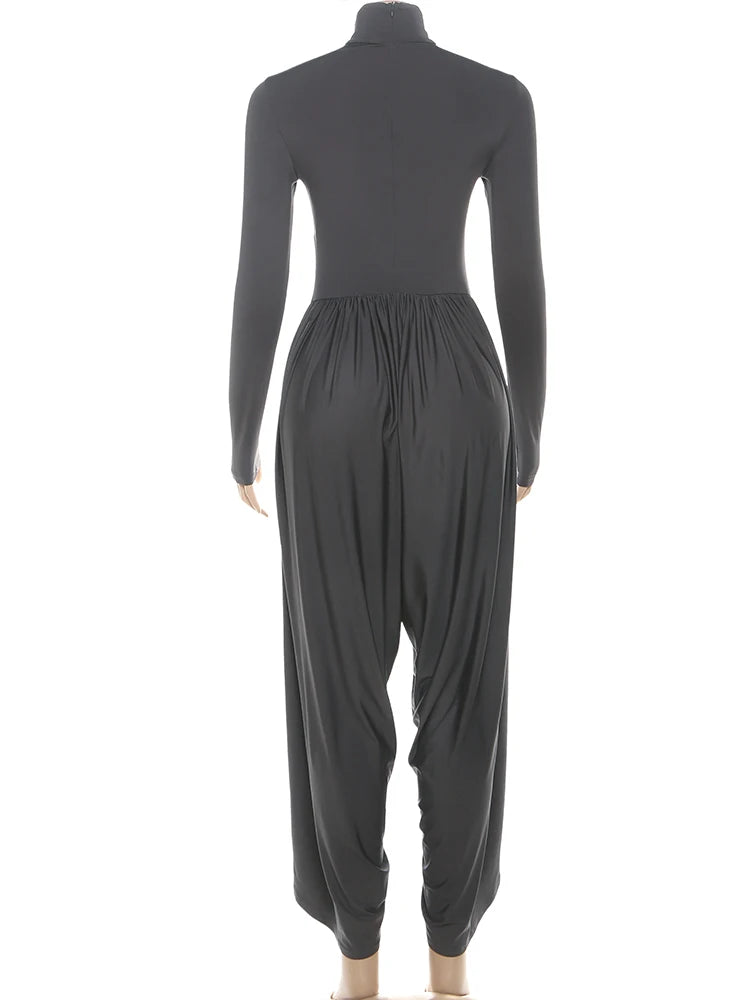 Whatiwear Casual Fashion Jumpsuits Woman Autumn Trend Turtleneck Full Sleeve Ruched Design Daily Simple Office Style Overalls