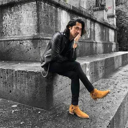 Brown Men Chelsea Boots Handmade High-quality Cow Suede Business Casual Square Toe Mid-heel Men Shoes Motorcycle Boots With Heel
