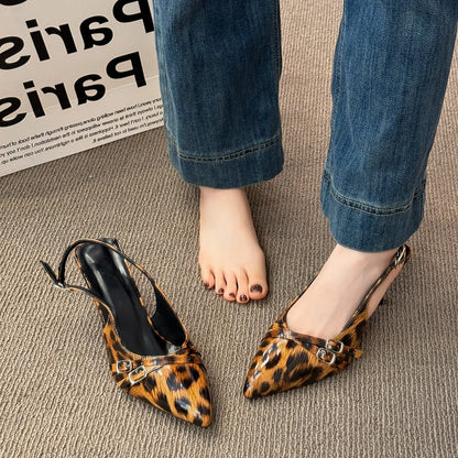 Women's Sandals Leopard Sexy High Heels Shoes Pointed Toe Luxury Pumps Slippers Woman Brand Dress Buckle Ladies De Flip Flops