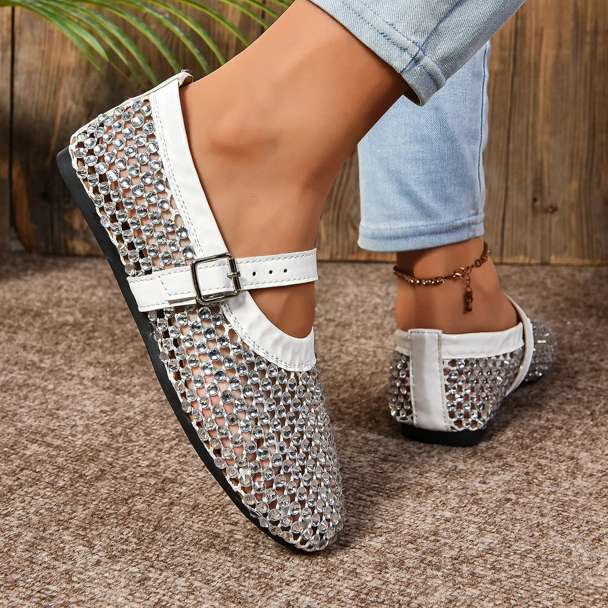 Summer Rhinestone Mesh Hollow Sandals Plus Size 43 Women Flats Shallow 2024 New Mary Jane Shoes Comfort Luxury Female Flat Shoes