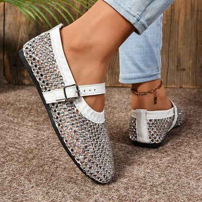 Summer Rhinestone Mesh Hollow Sandals Plus Size 43 Women Flats Shallow 2024 New Mary Jane Shoes Comfort Luxury Female Flat Shoes