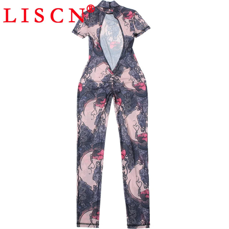 10 Wholesale Items Jumpsuits Women Summer 2025 Short Sleeve Bodycon Sexy Y2k Printing Mesh See Through Backless Rompers K15151
