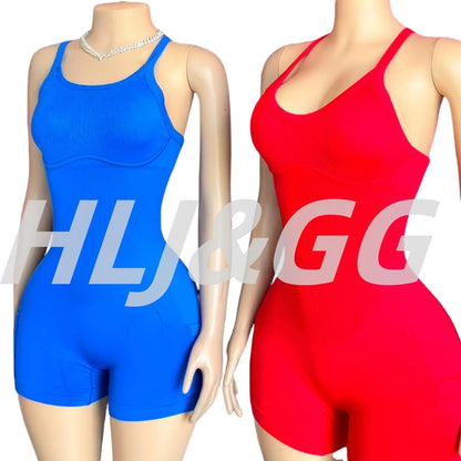 HLJ&GG Women Bodysuits Stretch Sporty One Piece Rompers Women Sleeveless Backless Slim Jumpsuits Summer New Solid Yoga Overalls