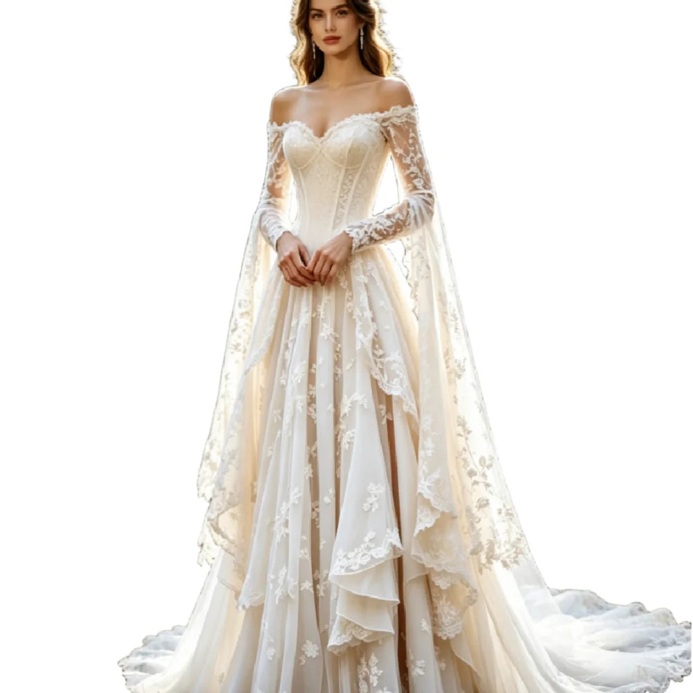 Boho Fairy Forest Wedding Dress Off The Shoulder Cape Sleeves Lace Forest Woodland Elopement Bride Dresses Medieval Country