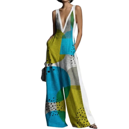 UOOZEE Women's Deep V-Neck Sleeveless Jumpsuit Fashion Contrast Color Pockets Polka-Dot Printed Casual Wide Leg Palazzo Romper