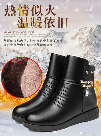 Leather Women Boots 2024 Winter Thick Wool Lined Genuine Leather Women Snow Boots Large Size Women Winter Shoes