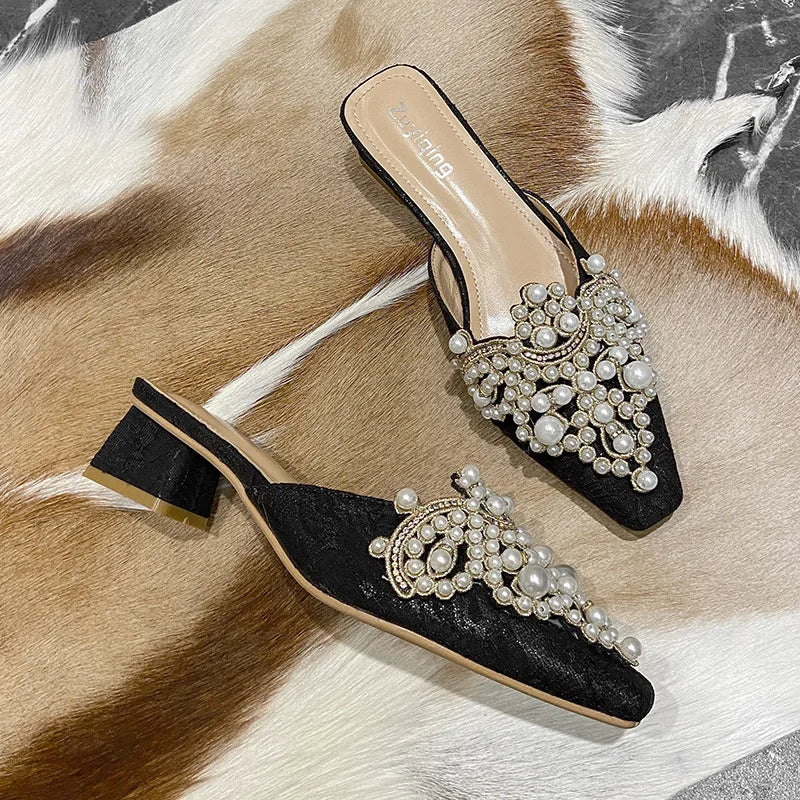 Mules Shoes Women Sandals Ladies Elegant Rhinestone Designer Mirror Luxury Party Slipper Summer New 2026 Slippers Fashion Roman