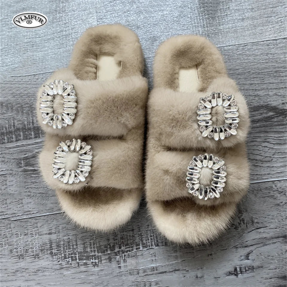 2025 New Women Fur Slippers Shoes Women Warm Winter Crystal Fur Shoes For Women Slippers Casual Plush Comfortable Mink Slippers