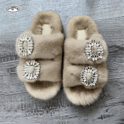 2025 New Women Fur Slippers Shoes Women Warm Winter Crystal Fur Shoes For Women Slippers Casual Plush Comfortable Mink Slippers