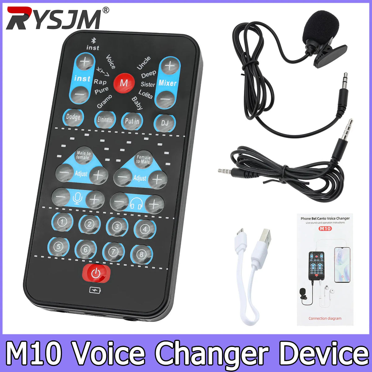 Recording Sound Card M10 Voice Changer Device Handheld Live Sound Card Sound Board Set for Podacsting Broadcasting Singing Recor