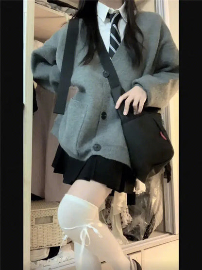 Japanese and Korean College Style V-neck Autumn Winter Grey S-8XL School Uniform JK Long Sleeve Women's Role Play School Girl