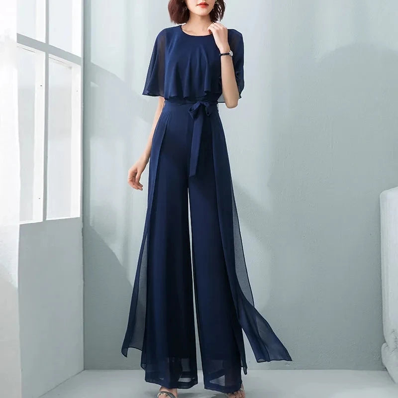 2024 New Summer Women Chiffon Jumpsuits Female Casual O Neck Sashes Overalls Ladies Wide -Leg Romper Solid Streetwear Playsuit