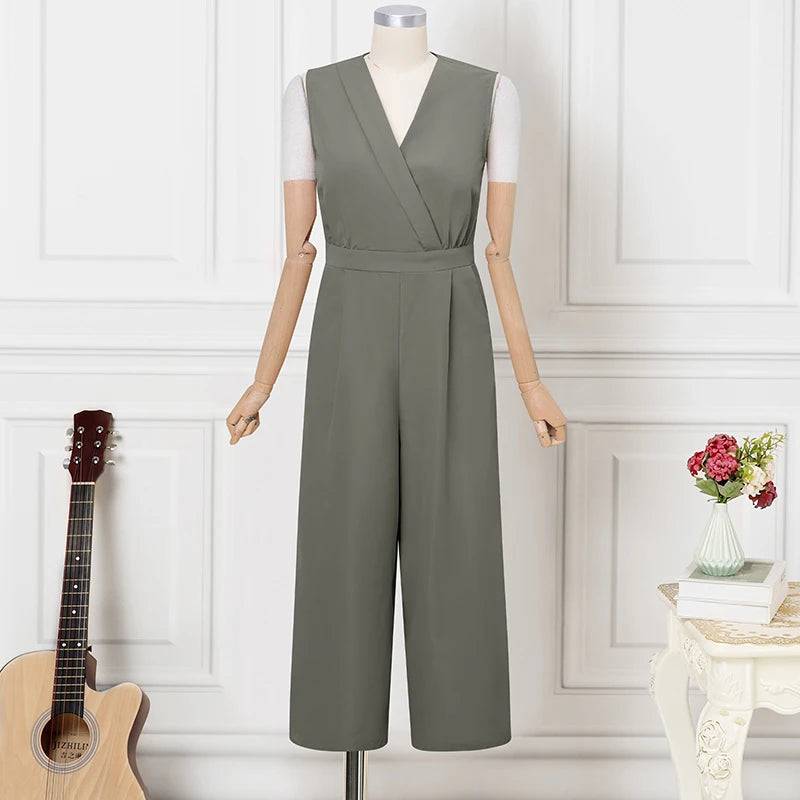 ZANZEA Women Jumpsuits Solid Sleeveless V Neck Rompers Elegant Office Ladies Clothing European Bottoms Pockets Casual Overalls