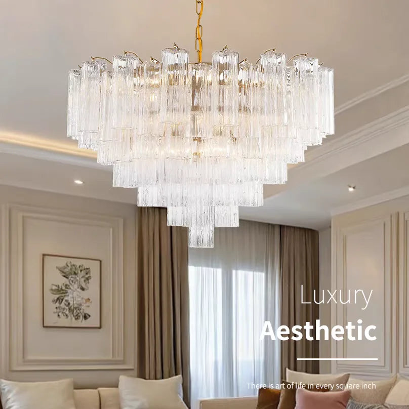 Round Murano Glass Ceiling Chandelier For Dining Living Room Bedroom Foyer Amber Glass Crystal Tube Hanging Chandelier Lights