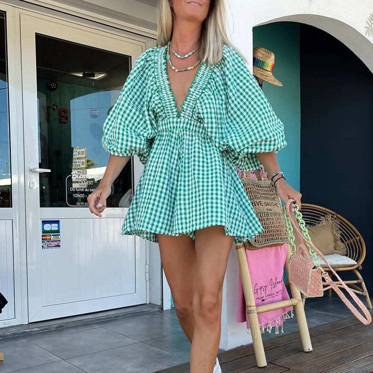 Combhasaki Womens Y2K Deep V-Neck Rompers Solid Color/Plaid Bubble Puff Sleeve Summer High Waist Short Flare Jumpsuits Playsuits