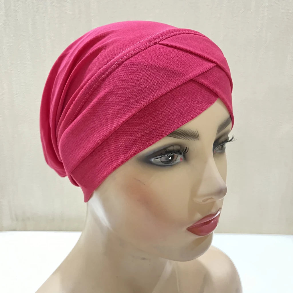 H117 Forehead criss Cross Muslim Turban Pure Color Stretch Inner Hijabs For Caps Ready To Wear Women Head Scarf Under Bonnet