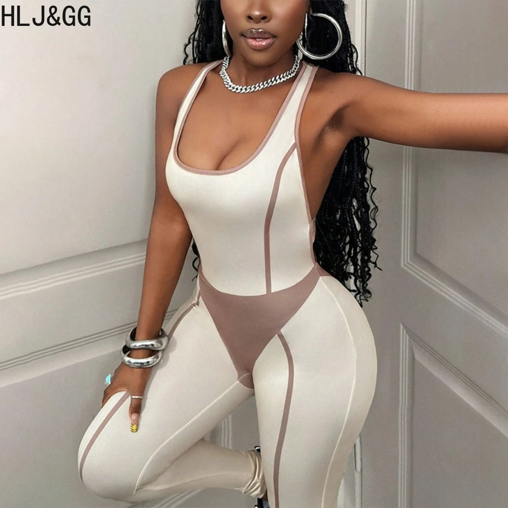 HLJ&GG White Spring New Color Splicing Bodycon One Piece Jumpsuits Women Sleeveless Backless Slim Sporty Playsuit Casual Overall