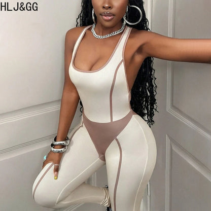 HLJ&GG White Spring New Color Splicing Bodycon One Piece Jumpsuits Women Sleeveless Backless Slim Sporty Playsuit Casual Overall