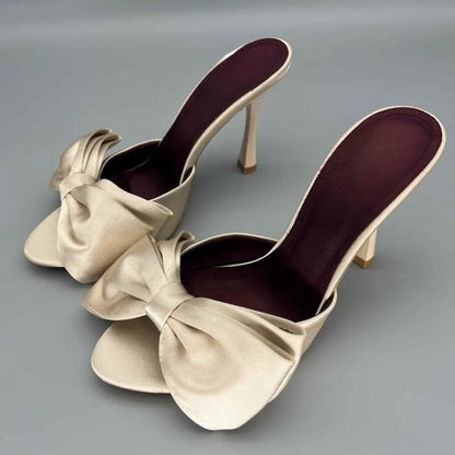 Luxury Satin Silk Bowknot Mule Sandals Woman Chic High Heel Point Toe Stiletto Slides Ladies Elegant Evening Party Dress Shoes