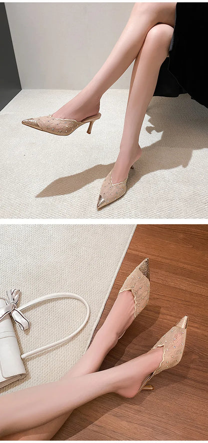 Luxury Rhinestones Mesh Lace Women Pumps Sandals Summer Elegant Pointed Toe 8cm Thin High Heels Mulse Sides  Fashion Party Shoes