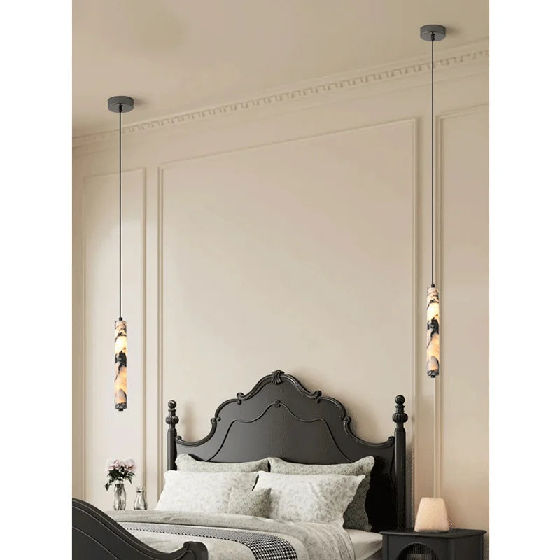 Luxury Black Cylinder Natural Stone Pendant Lamp High-end Bedside LED Chandelier Living Room Decoration Home Hanging Lights