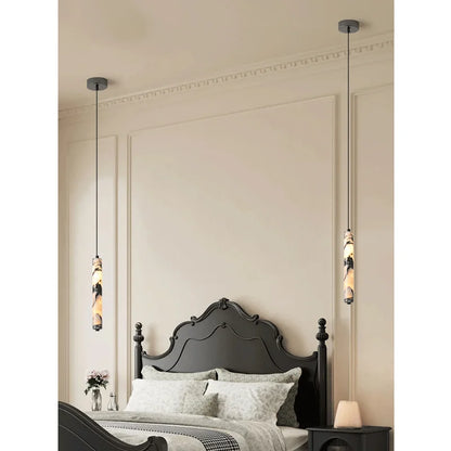 Luxury Black Cylinder Natural Stone Pendant Lamp High-end Bedside LED Chandelier Living Room Decoration Home Hanging Lights